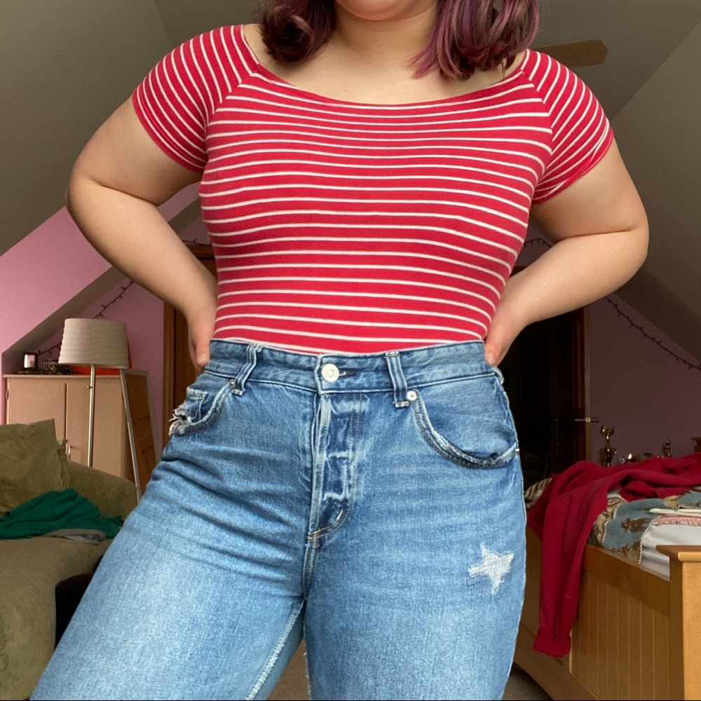 striped off the shoulder bodysuit
